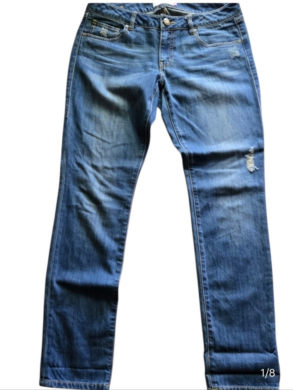 CAbi Distressed Slim Boyfriend Jeans in Medium Blue Wash Distressed Sz 6 32x30